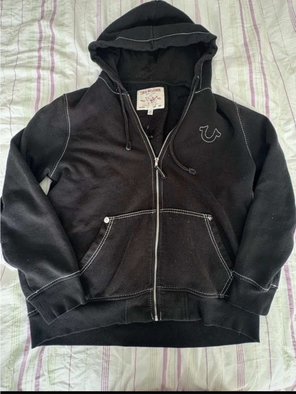 True Religion Kids Black Hooded Zip-Up Jacket with Contrast Stitching